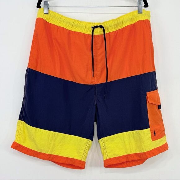 Polo Ralph Lauren Navy Orange Yellow Drawstring Waist Swim Board Shorts - Picture 1 of 14